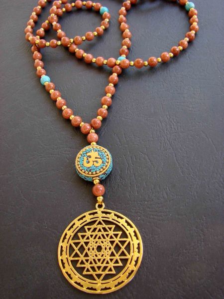 Sunstone, Turquoise-OM and Shree Yantra Pendant - Necklace
